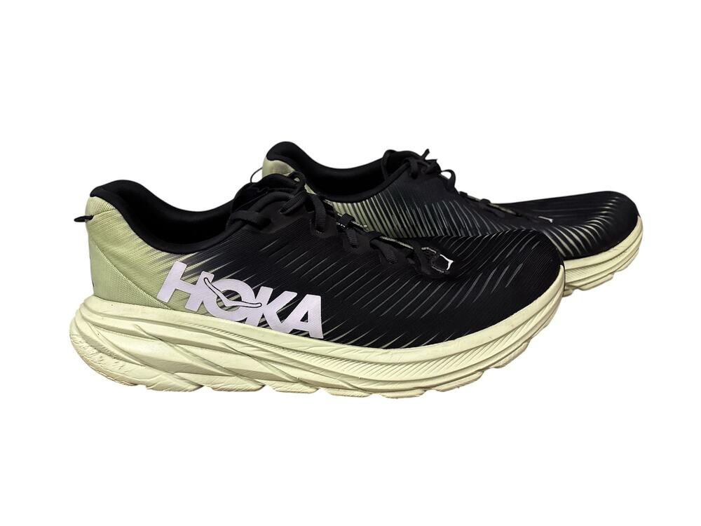 Hoka men’s size 12D Rincon 3 running shoes. Black and light neon green